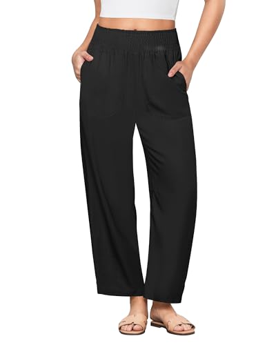 GRAPENT Linen Pants Women Wide Leg High Waisted Cropped Barrel Pull On Smocked Elastic Waist Summer Pants with Pockets
