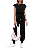Onedreamer Women's Cap Sleeve Crewneck Open Back Jumpsuits Loose Fit One Piece Tracksuits Sweatsuits with Pocket (Black,M)