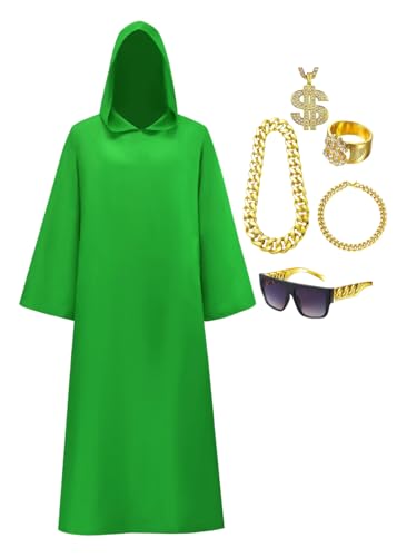 Ocpiley Shadow Wizard Money Gang Costume Mens Halloween Hooded Robe with Gold Chain Accessories Red/Purple/Green/Yellow (Green Small)