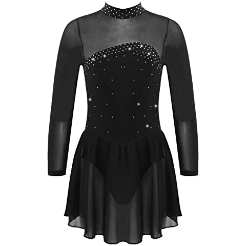 iEFiEL Kinder Mädchen Ballettkleid Eiskunstlauf-Kleid Swing Schaukel Tanzkleid Ballettanzug Langarm Body Trikot Turnanzug gr. 104-176 Wx_ Schwarz 122-128 Cover