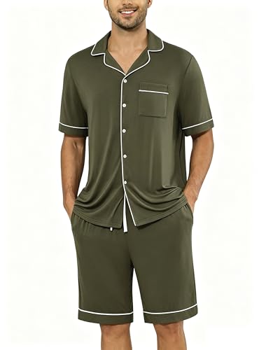 Image of Veseacky Men's Button Down Pajama Set Short Sleeve Shorts Modal Soft Sleepwear Loungewear Pjs with Pockets S-XXL