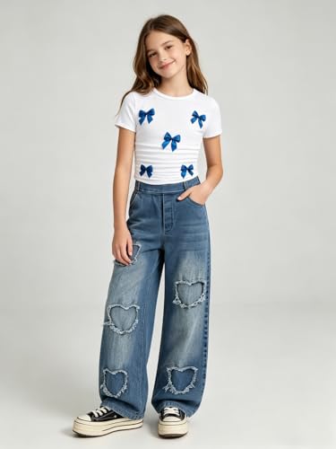 Image of Size 7-14 Years Girls 2 Piece Outfits Bow Short-Sleeved Top and Jeans Pants Clothing Set