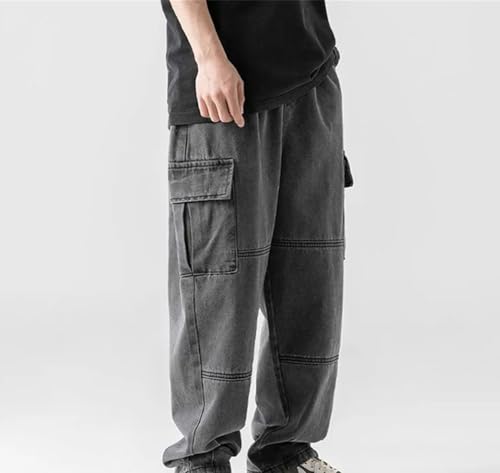 Men’S Loose Fit Straight Leg Workwear Jeans with Drawstring Mid Waist Casual Multi-Pocket Pants4