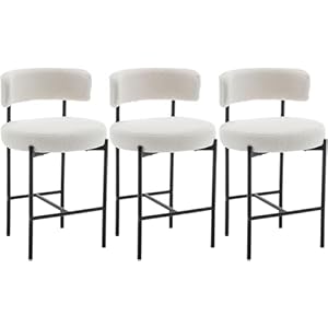 Boucle Bar Stools Set of 3, 24″ Modern Counter Stools with Backs, White Upholstered Barstools for Kitchen Island, Bar, Cafe