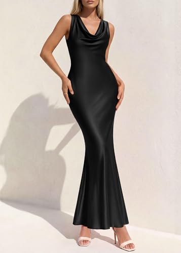 Image of KIRUNDO Womens Cowl Neck Sleeveless Bodycon Satin Maxi Dress | Formal Silk Long Dresses, Mermaid Hem, 2026 Summer Elegant Wedding Guest Cocktail Party Fall Outfits