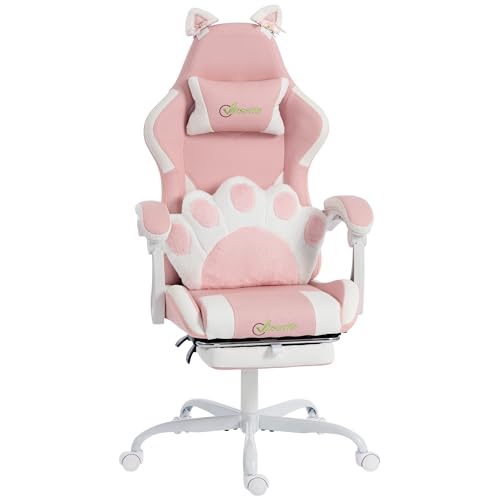 Sedia Gaming Ergonomica con Orecchie da Gatto, Poltrona Gaming Ufficio Reclinabile in Finta Pelle con Poggiapiedi, Poggiatesta e Altezza Regolabile, Supporto Lombare e Cervicale, Rosa