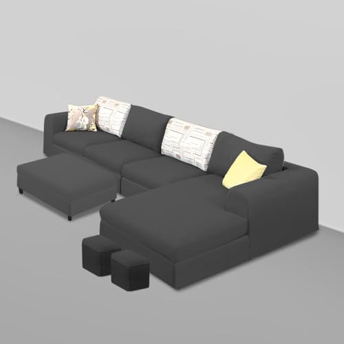 Image of Koza RHS 8 Seater L Shape Sofa Set with Center Table for Living Room (Black Fabric) Premium Fabric Sofa
