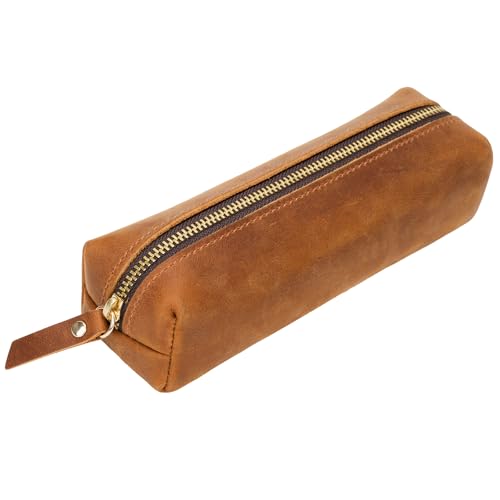 Image of ECHSRT Small Genuine Leather Pencil Pouch for Adults, Brown | Crazy Horse Leather Finish, Compact Writing Instrument Storage
