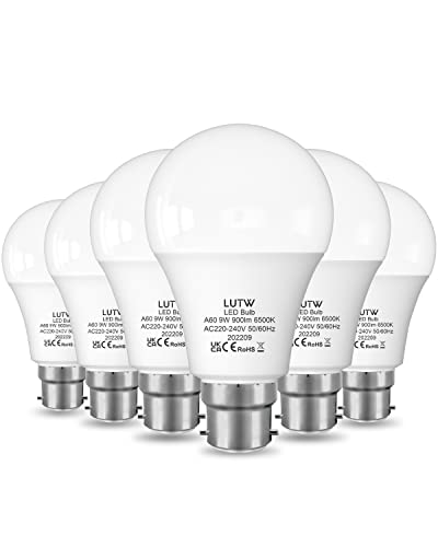 LUTW B22 Led Light Bulbs Bayonet, 60W Equivalent, Cool White 6500K, 9W 900lm LED Bulbs, BC GLS Energy Saving Light Bulbs, Non-dimmable, Pack of 6