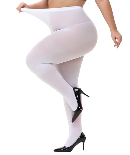 CACCICO Plus Size Tights for Women Super Soft 80D Semi Opaque Pantyhose Stretchable Womens Stockings 1XL - 4XL White-4XL