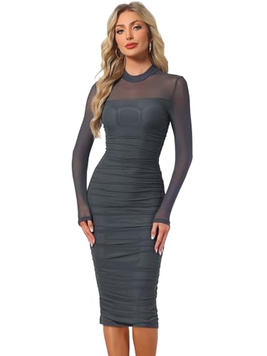 Image of Allegra K Mesh Dress for Women Long Sleeve Mock Neck Ruched Bodycon Dresses