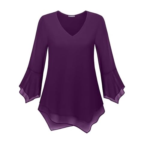 Furnex Tunic Tops to Wear with Leggings：3/4 Sleeve - Blouses for Women Dressy Casual - Fall Shirts for Women Business Casual Interview Outfits Formal Tops for Women Office Wear Irregular Deep Purple M Cover