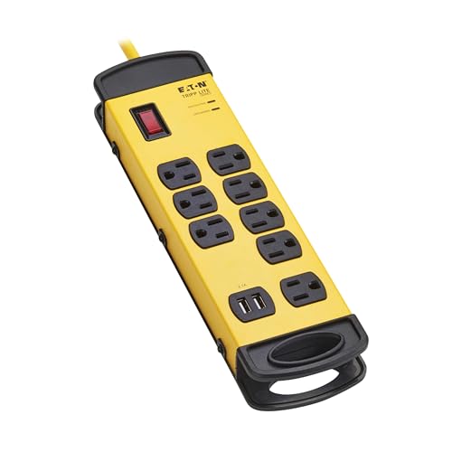 Regleta de alimentación industrial TRIPP LITE TLM825USB, 8 tomacorrientes, protección contra picos de 1960 julios, 2 puertos USB, cable de 25 pies, carcasa metálica amarilla, montaje en pared o debajo de escritorio
