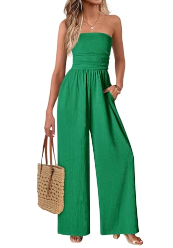 MASCOMODA One Piece Jumpsuits for Women Strapless Smocked Casual Rompers Long Pants with Pockets Vacation Summer Outfits(Green Small)