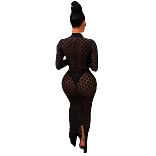 Image of Women's Casual Turtleneck Long Sleeve Elegant Long Dress Lounge Mesh Bodycon Maxi Party Dresses