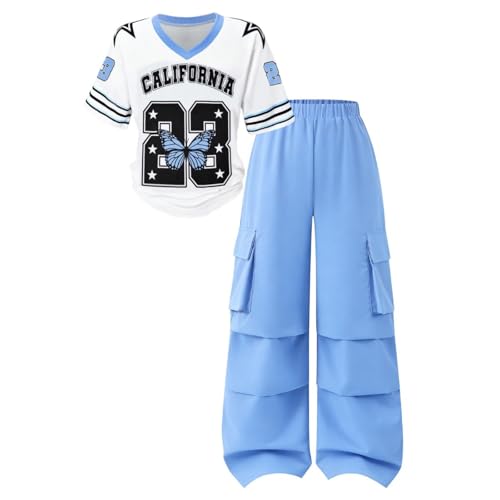 Image of Tween Girls Clothes Short Sleeve Graphic T-Shirt Top + Cargo Pants 2pcs Outfit Set, Size 7-15Years