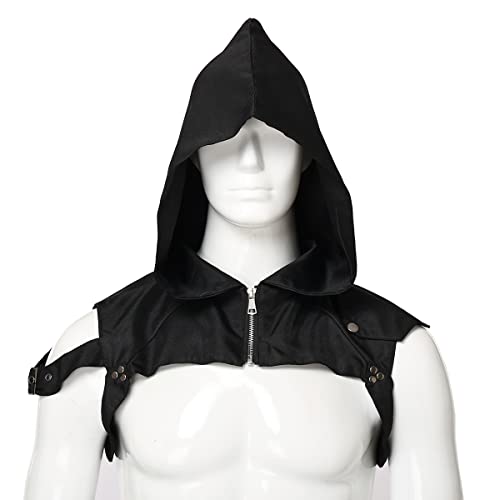 BLESSUME Steampunk Rogue Cowl Hood Hat Costume Cape with Adjustable Arm Buckle (Black 1), Black #1 - Image 2