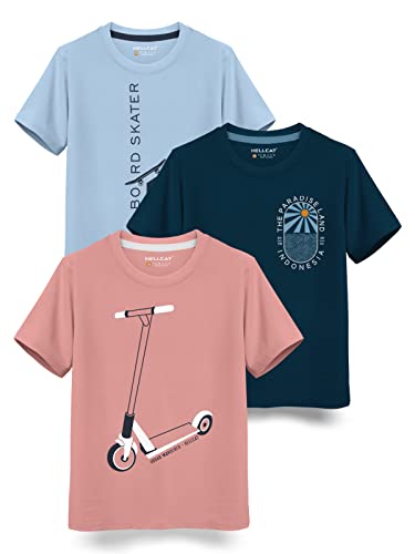 Image of HELLCAT Boys Round Neck Printed Blended Cotton Tshirt -Combo Pack of 2 - Orange /Blue
