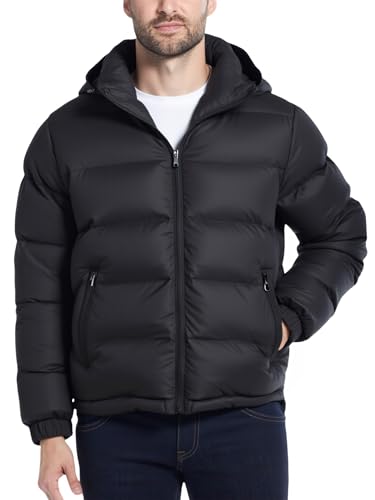 Image of Men's Hooded Puffer Jacket Winter Coat Warm Thickened Zip Up Quilted Padded Jackets with Pockets