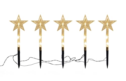 LED Garten Leuchtstäbe Stern 24 cm (transparent) - 5er Set mit Batterie und Timer - Gartenstecker Balkon Weihnachts Deko Außen