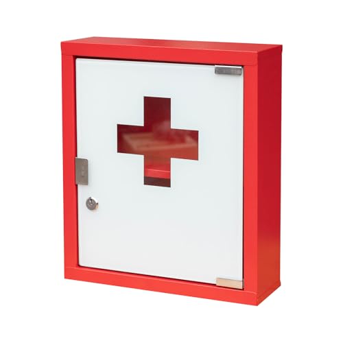 xhlokk Wall Mount Locking Medicine Cabinet Large Capacity Steel First Aid Organizer with Glass Door Secure Medication Lock Box 14x12x4 Red