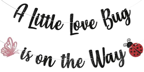 A Little Love Bug is on the Way Banner - Little Bug Baby Shower Decor, Ladybug Butterfly Baby Shower Gender Reveal Party Decorations Black Glitter