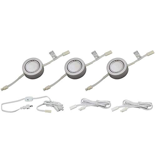Image of 3 LED Puck Light Kit - Silver Cover with Cool White Light (6,000k) - Under Cabinet and Furniture - 120v /110v - Dimmable - Line-Voltage