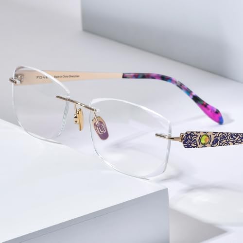 Image of FONEX Titanium Glasses Frame,Rimless Frameless Luxury Diamond Optical Eyeglasses for Women