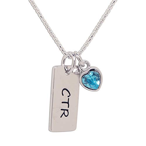 Girl's Sterling Silver CTR Bar Necklace with Simulated Birthstone Heart Charm