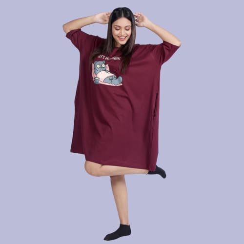 Image of LAMA STORE Women's Printed Oversized T-Shirt Dress, Cotton, 3 /4 Sleeve Length, Casual Loose Fit, Comfort Wear Extra Comfy Oversized Printed Pocket T-Shirt Dress