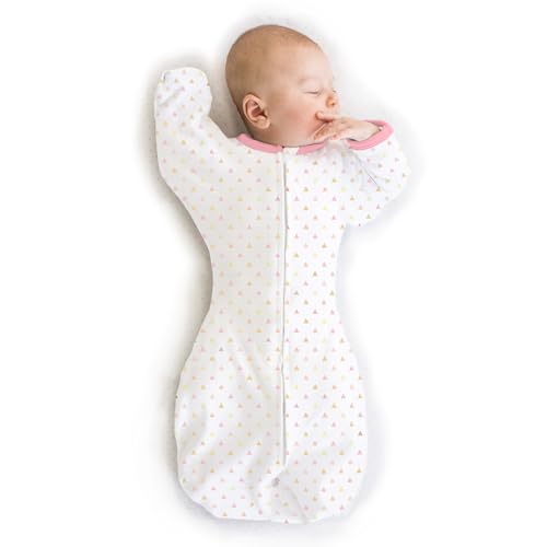 Image of SwaddleDesigns Transitional Swaddle Sack, Arms Up Half-Length Sleeves & Mitten Cuffs, Swaddle for Newborn Transition to Baby Sleep Sack Wearable Blanket, Med, 3-6 month, 14-21 lb, Pink Tiny Triangles