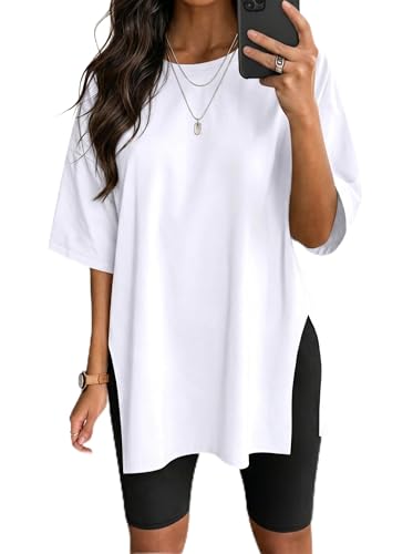 VNIRA Oversized T Shirt for Women Losse Fit Cotton Short Sleeve Workout Top Summer Casual Blouse Basic Split Hem Tee Tops White