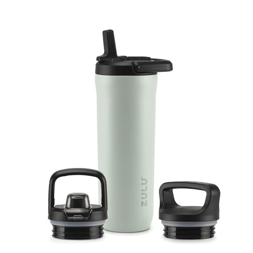 Image of ZULU Base 18oz Kids Stainless Steel Water Bottle with 3 Lids- Straw, Chug, Twist | Double Walled and Vacuum Insulated Metal Thermos | Fits Car Cupholder, Built in Carry Loop, Dishwasher Safe, Sage