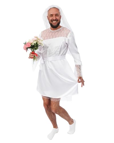 P'TIT CLOWN - Déguisement de Mariée pour Homme - Robe de Mariée Homme - Costume Enterrement Vie de Garçon, EVG, Carnaval, Cosplay, Halloween - Blanc