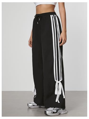 WDIRARA Women's Side Striped Bowknot Track Streetwear Pant Drawstring Waist Wide Leg Long Pants Workout2