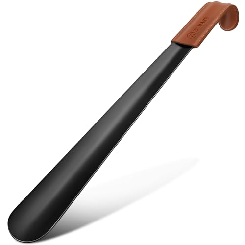 ZOMAKE Calzador de Acero Inoxidable Largo 42CM - Metalico Calzadores Largos Mango de Cuero Para Mujeres Embarazadas y Personas de La Tercera Edad(1 Pieza Negra A)
