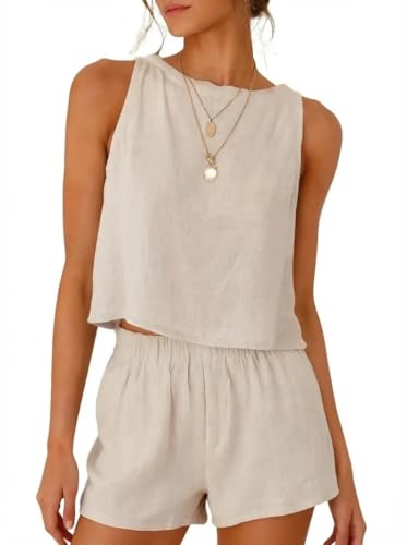 IDEALSANXUN Linen Sets for Women 2 Piece Outfits 2026 Fashion Spring Summer Beach Vacation Outfits Two Piece Sets Tank Tops and Linen Shorts Beige M