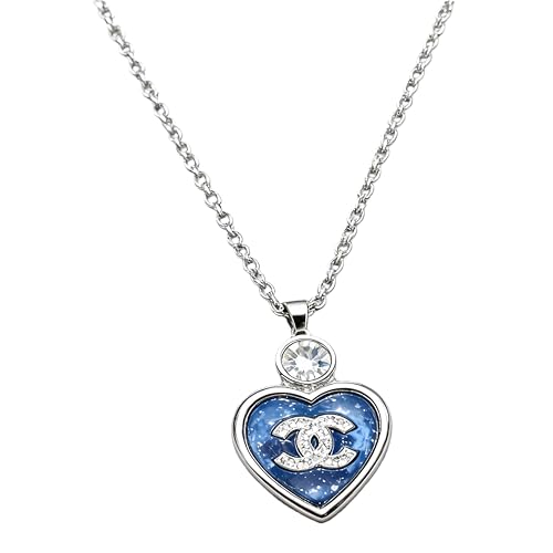 Inspired designer jewelry,Generic Luxury Designer Necklace,Inspired Double Emblem Heart Pendant Necklace with Blue Enamel and Crystal Accents, Crystal Silver-Tone Chain Luxury Fashion Jewelry for Daily Wear & Gifting