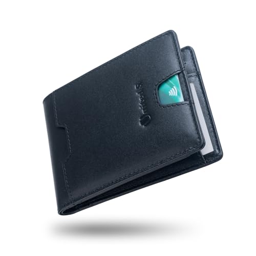 Genuine Leather Handmade Mens Slim Wallet with Gift Box Bifold Credit Card Holder 12 Pockets 100 Percent Cow Leather Smart Black