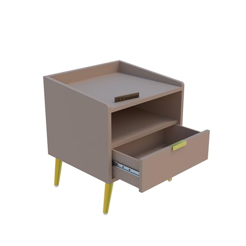 Image of Wooden Bedside Table for Bedroom | Wooden Bed Side Nightstand Lamp Table with 1 Drawers & Open Shelf Storage for Home & Hotels | Premium HDMR Wood & Iron Legs | Light Beige