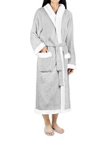 Image of PAVILIA Women's Plush Fleece Robe, Soft Cozy Long Bathrobe with Satin Waffle Trim, Warm Lightweight, Pockets & Tie Belt