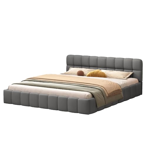 DAHUEN Polsterbett 160x200 mit Lattenrost, Doppelbett, Bubble Bett, mit Gepolstertes Kopfteil, Baumwoll- und Leinenmaterial, Für Erwachsene und Jugendliche (Grau, 160x200 cm) – Bild 6