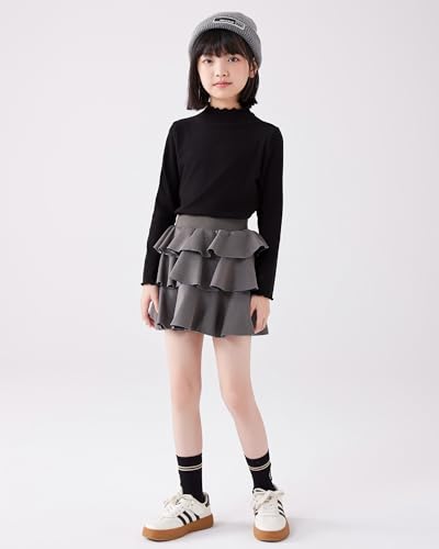 Image of ACESTAR Girls Solid Lettuce Trim Mock Neck Shirt Long Sleeve Slim Fit Ribbed Knit Tee Ruffle Tops Soft Base Layer