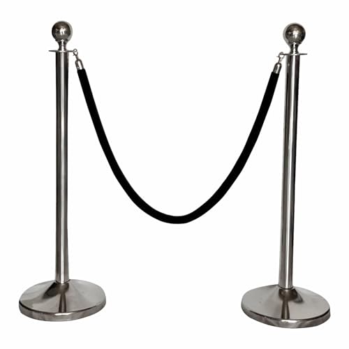 7 star DECOR Stainless Steel Queue Manager with Velvet Rope Set of 2 Pole and 1.5m Rope (Silver + Black Velvet Rope)