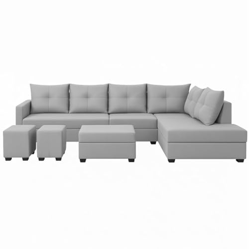 Image of SOCOZI Oriana 8 Seater RHS L Shape Sofa Set | Velvet Suede Fabric L Shape Sofa for Livingroom with 2 Ottoman & Centre Table (Light Grey)