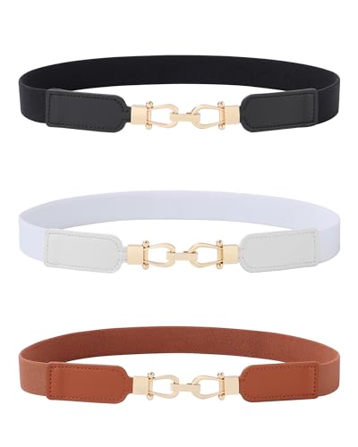 AWAYTR Women Skinny Stretchy Belt - Thin Elastic Waist Ladies Belt with Light Gold Buckle for Dress Pants