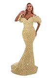 Prom Dresses for Women 2026 Mermaid Off Shoulder V-Neck Feathers Sequin Sparkly Tight Long Evening Dresses for Women Party Gowns Champagne 16Plus