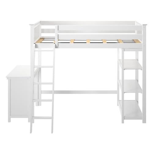 Image of Max & Lily High Loft Bed, Twin Bed Frame for Kids With Bookcase and Desk, White