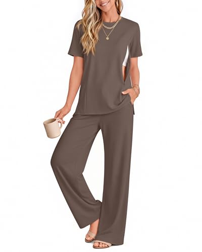 Baggyfly 2 Piece Nursing Breastfeeding Set Maternity Pajamas with Hidden Zipper Postpartum Short Sleeve Lounge Outfit Set Pjs(Large Coffee)