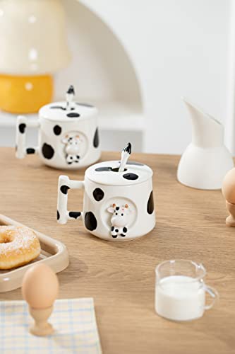 Image of DIHOclub Adorable 3D Ceramic Cow Mug with Lid and Spoon - Perfect for Coffee, Tea, Milk, and More - Ideal Gift for Animal Lovers Gift for Mather- 14 Ounces(BLack white)